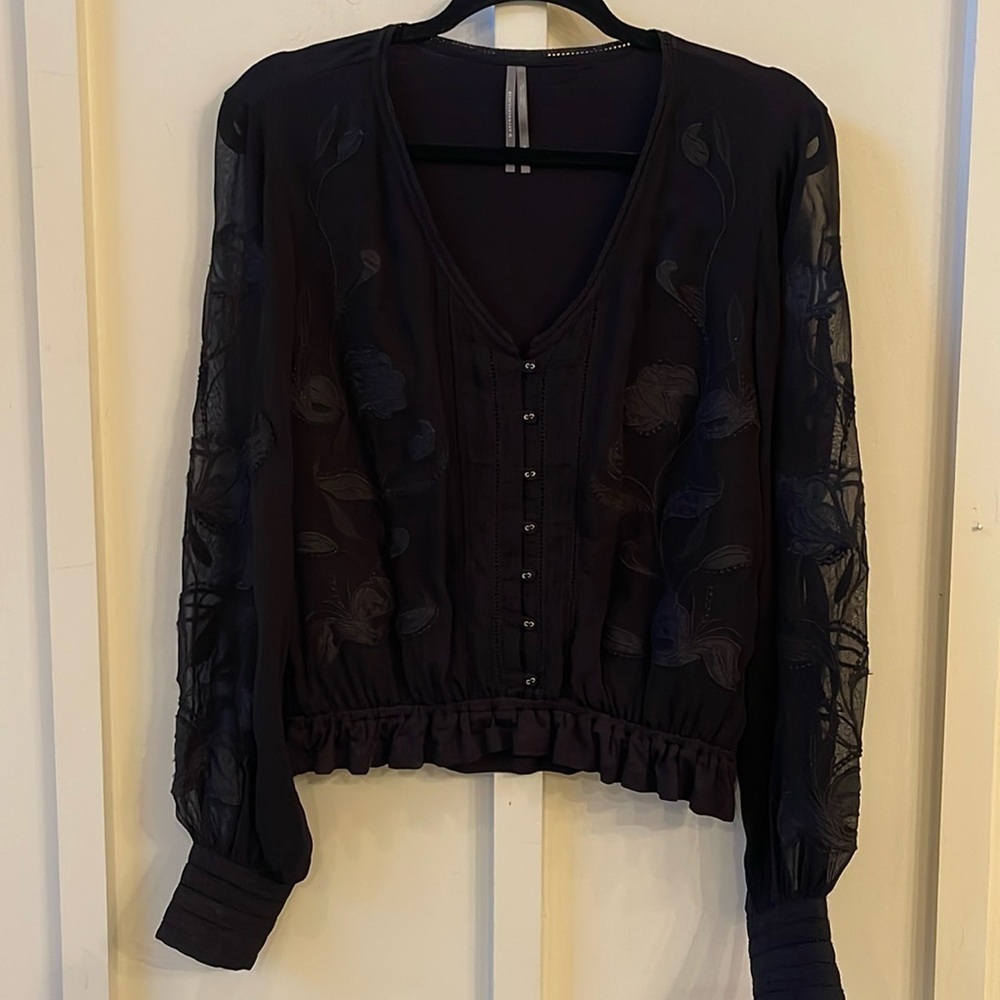 Anthropologie Black Long Sleeve V-neck Floral Embroidered Top